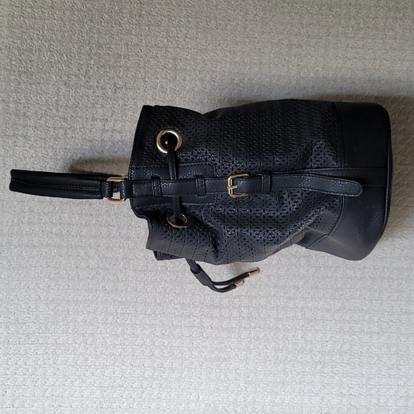 Black Vegan Leather Drawstring Bucket Bag - Picture 6 of 11